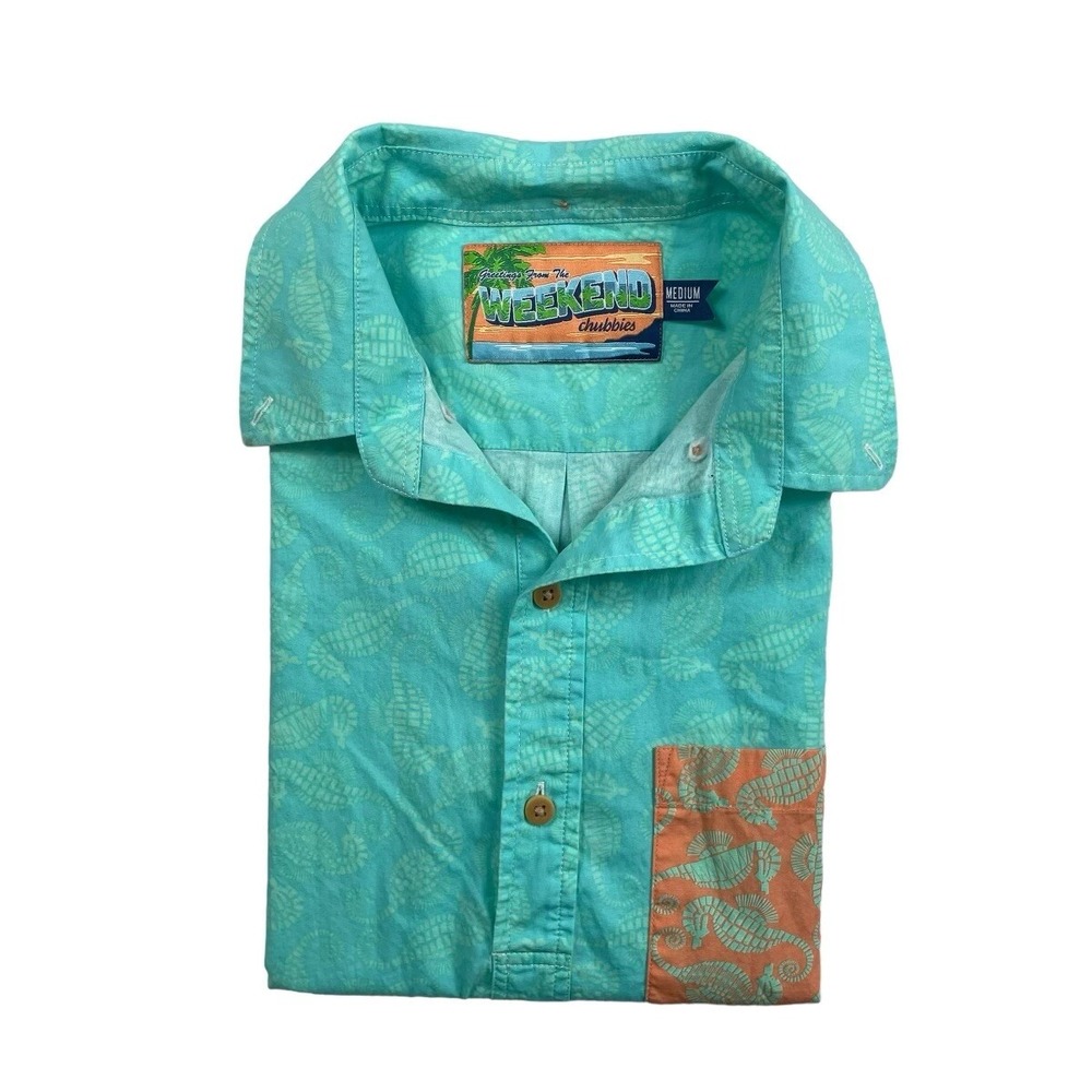 Chubbies The Weekend Mens Seahorse Print Half Button Pocket Shirt Turquoise M